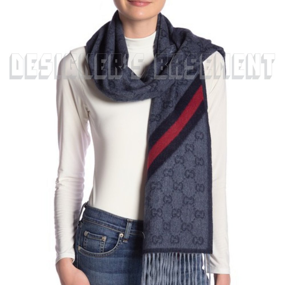 GUCCI navy blue GG web NIKKY Wool / Angora scarf🎁